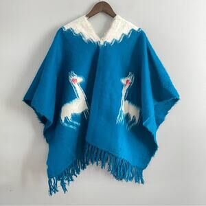 Vintage | Unisex Women’s Bright Blue Ecuador Alpaca Poncho Fringe Fuzzy Llama OS